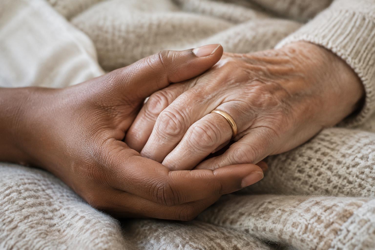 A younger hand gently holding an elderly person’s hand