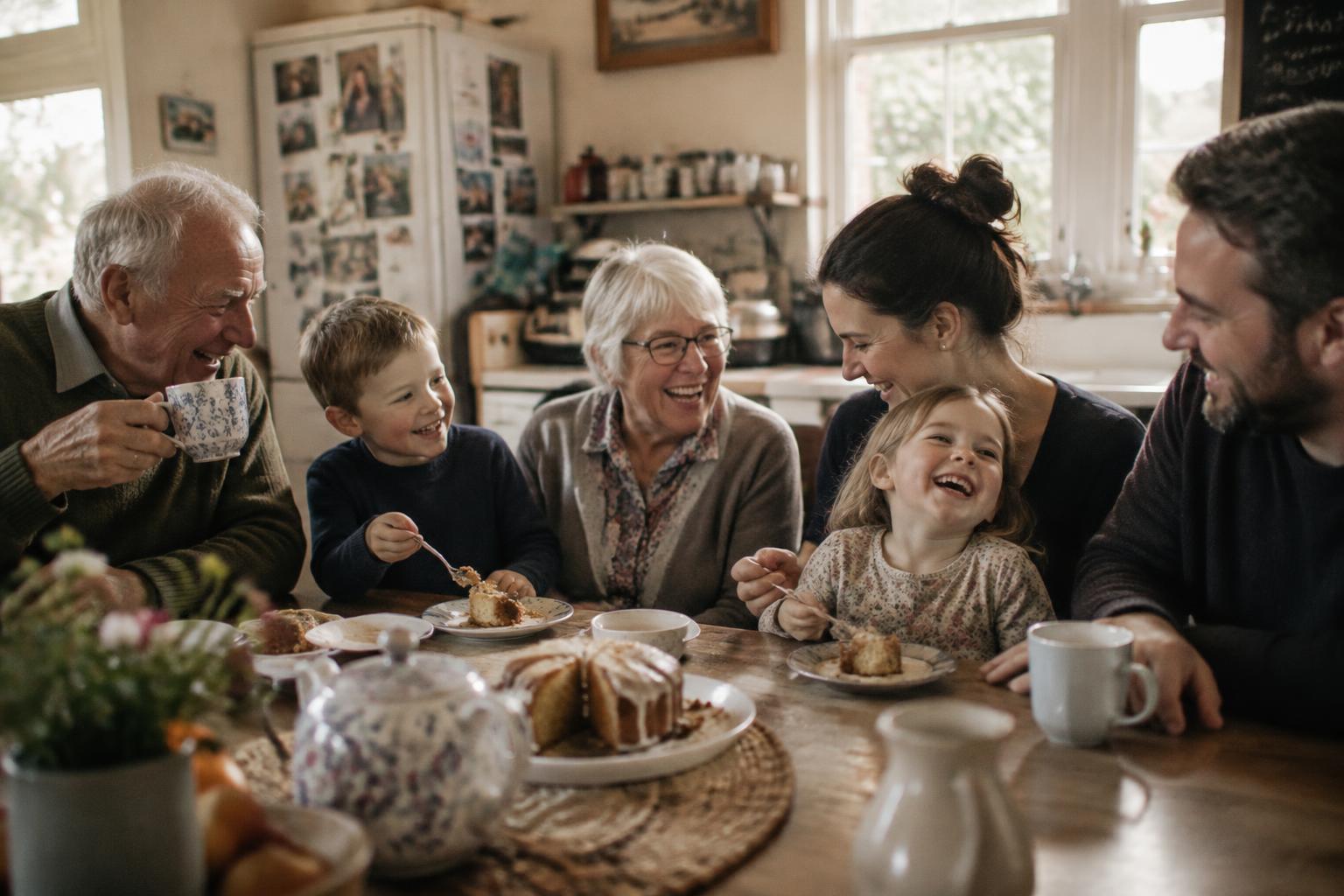 Three generations of a family laughing together over tea and cake at the kitchen table